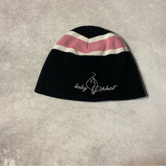 Baby Phat Black Pink White Knit Beanie Hat Women Logo Embroidered Streetwear Y2K - Picture 8 of 9